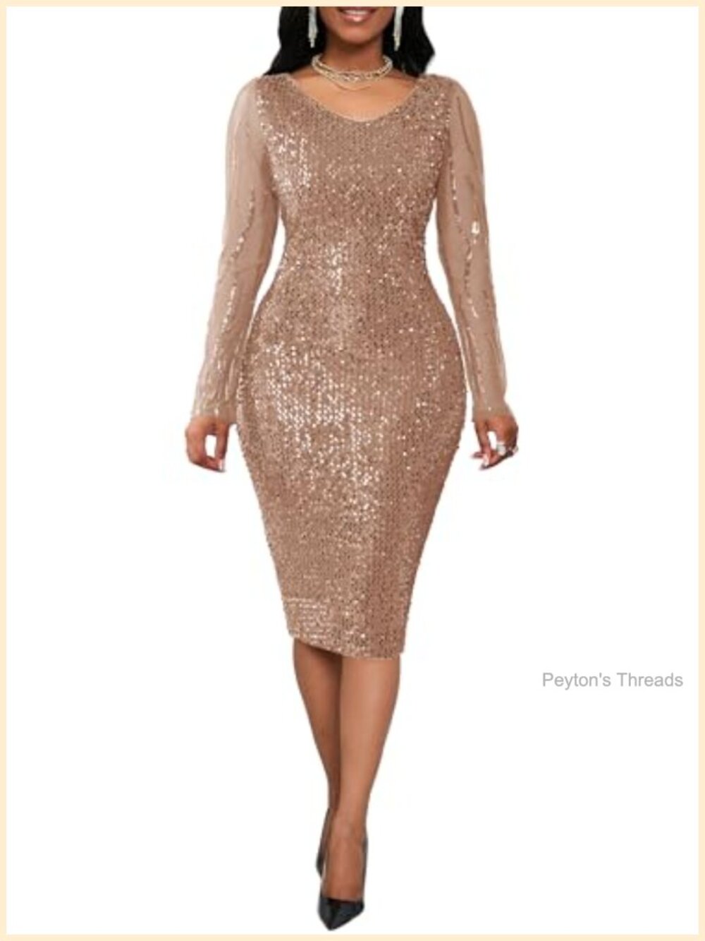 Sequins Bodycon V-Neck Midi Long Sleeve Prom Party Cocktail Dress
